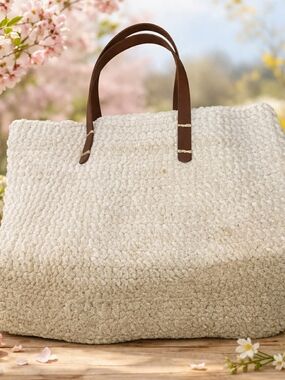 Cream And Green Crochet Tote Bag with Brown Handles - Women Bags